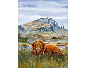 Scottish Cow Art Large Print Highland Cattle Scotland Print Isle of Skye Scottish Landscape