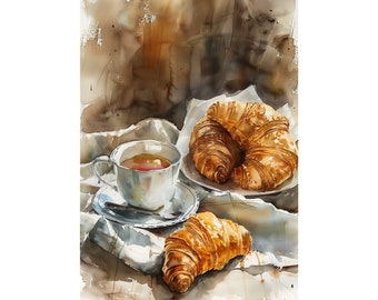 French Breakfast Art Croissant Painting Print Paris Cafe Watercolor Poster