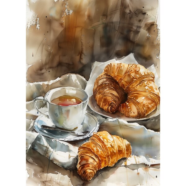 French Breakfast Art Croissant Painting Print Paris Cafe Watercolor Poster