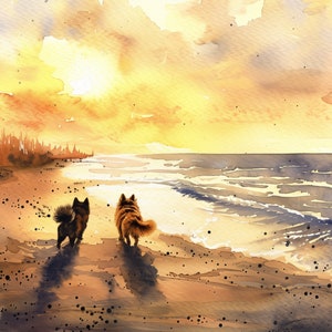 Pomeranian Beach Art Couple Pom Print Red Pomeranian Painting Print Watercolor