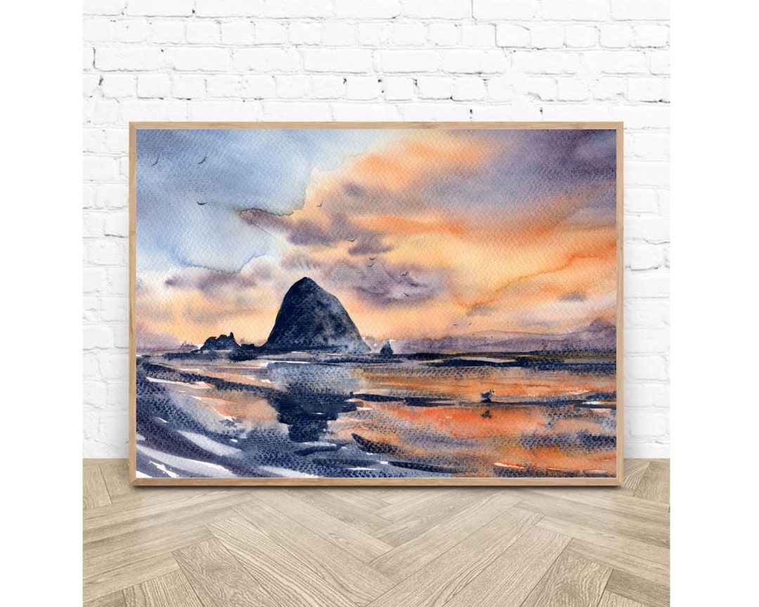 Cannon Beach Painting Large Watercolor Print Oregon Coast Etsy