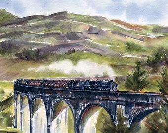 Glenfinnan Viaduct Art Print: Scottish Highlands Watercolor Landscape