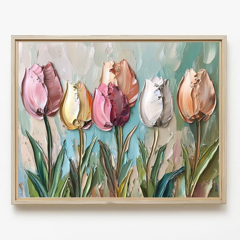 May include: A painting of a bouquet of six tulips in various shades of pink, white, and peach. The tulips are painted in a realistic style with visible brushstrokes, giving the painting a textured look.