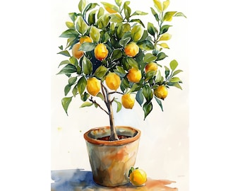 Lemon Tree Painting Print Fruit Tree Wall Art Vintage Look Lemon Tree Watercolor Poster