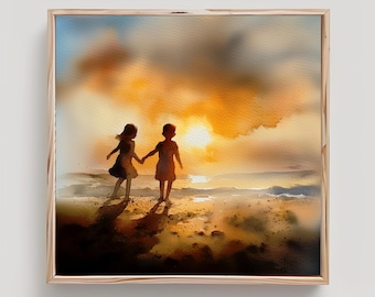 Little Girl and Boy on Beach Art Sunset Watercolor Painting Print