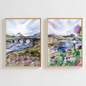 Scotland Painting Isle of Skye Art Large PRINT Scottish Thistle Landscape Set of 2 Prints