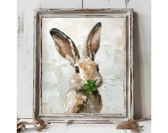 May include: A framed painting of a rabbit holding a green four-leaf clover. The rabbit has long ears and brown fur. The painting is in a white distressed frame, with a neutral background.