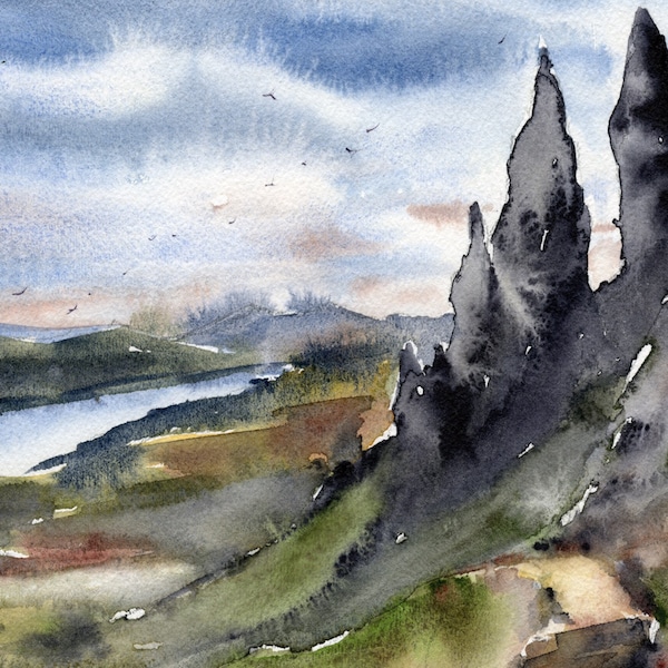 Île de Skye, peinture vieil homme de Storr, impression d'art grand paysage écossais montagne, impression à partir d'une aquarelle originale