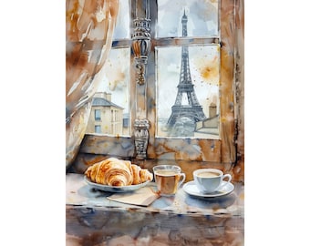 French Breakfast Art Eiffel Tower Painting French Coffee Croissant Watercolor Painting Print