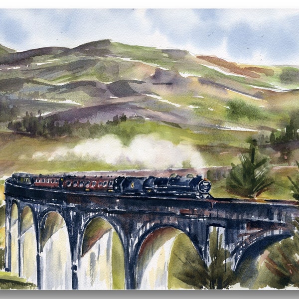 Paysage écossais, peinture art du viaduc de Glenfinnan, grands caractères, peinture des Highlands d'Écosse, impression aquarelle train à vapeur jacobite, oeuvre d'art