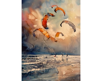 Kite Surfing Art Sunset Beach Watercolor Painting Print
