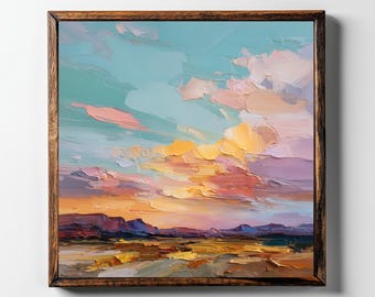 May include: A square oil painting in a dark wood frame depicting a landscape at sunset. The sky features thick, textured brushstrokes in shades of turquoise, soft pink, and golden yellow. Below, a dark, rugged horizon line sits above a golden field.