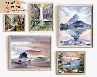 Oregon Painting Oregon Travel Print Coast Poster Watercolor Set of 5 Prints Cannon Beach Fine Art