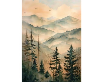 Smoky Mountains Art Appalachian Berge Neutrale Landschaft Wand Kunst Bergwald Malerei Druck Aquarell