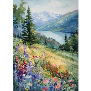 Columbia Gorge Painting Mountain River Art Print Summer Landscape Wildflower Painting Print Watercolor