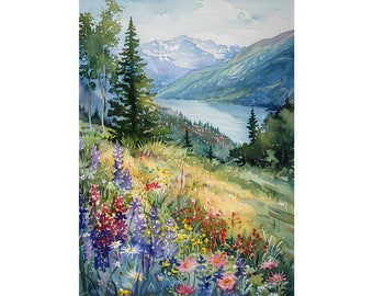 Columbia Gorge Painting Mountain River Art Print Summer Landscape Wildflower Painting Print Watercolor