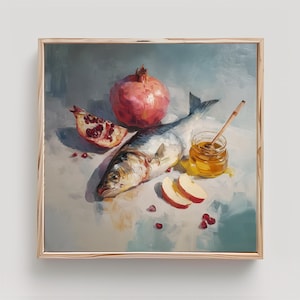 Still Life Painting Print: Fish, Pomegranate, Apple & Honey