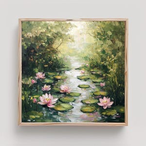 Water Lilies Print: Pink Lotus Pond Impasto Oil Painting