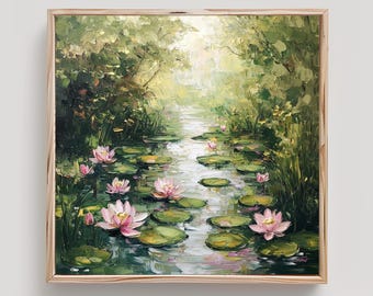 Water Lilies Art Pink Lotus Pond Print From an Original Impasto Oil Painting