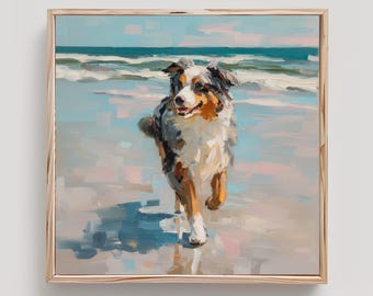 Australian Shepherd Art Aussie Dog on Beach Print From an Original Impasto Oil Painting