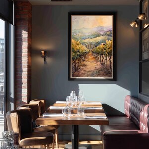 May include: A dining room scene featuring a framed watercolor painting of a vineyard. The room has a dark teal wall, a brick wall, and a burgundy leather booth. Wooden tables are set with glassware and silverware. Brown leather chairs are arranged around the tables.