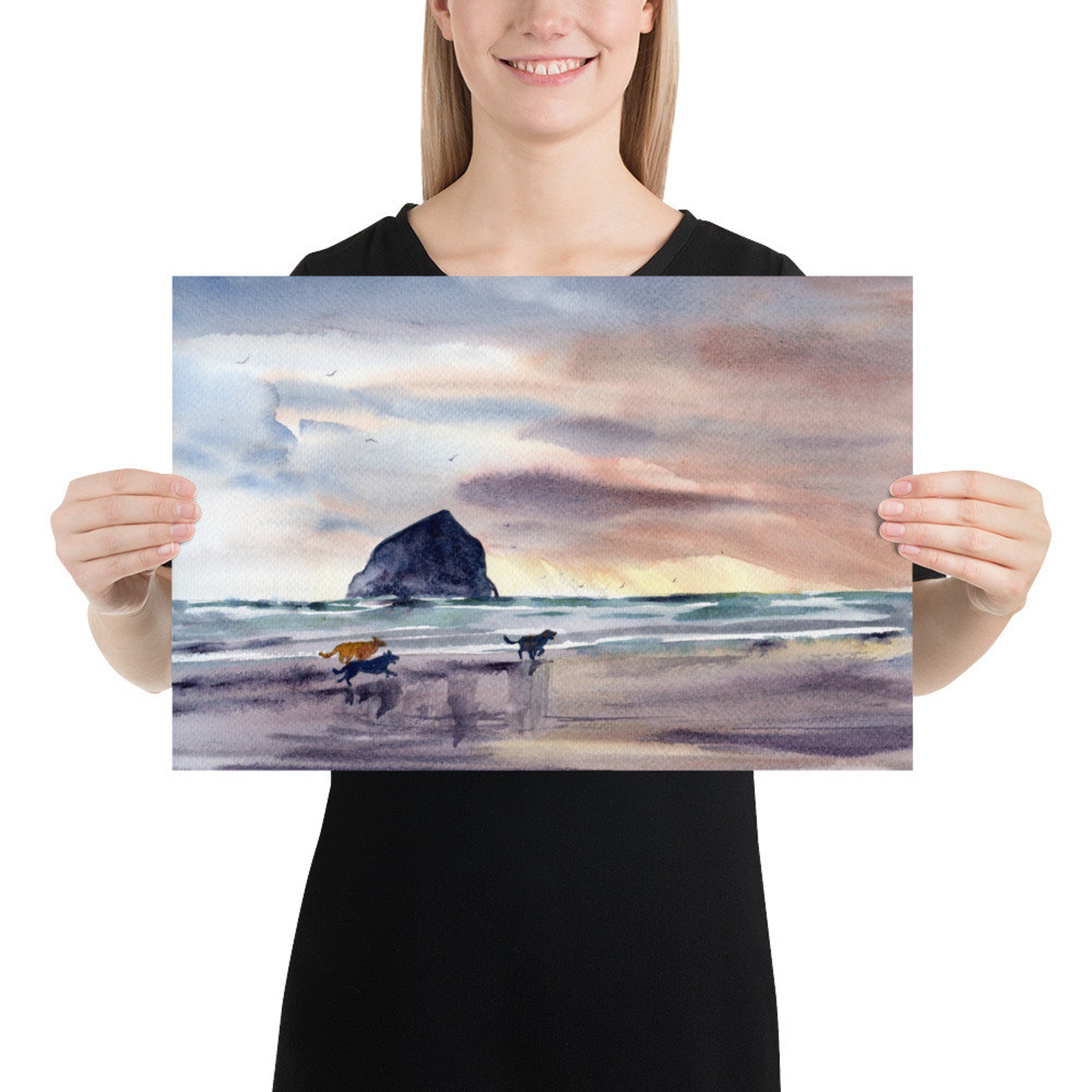 Cannon Beach Painting Large Watercolor Print Oregon Coast Etsy