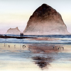 Cannon Beach Painting Large Watercolor Fine Art Print Oregon Coast Poster Haystack Rock Print Dog Beach