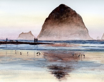 May include: Watercolor painting of a coastal scene at dusk. A large, brown rock formation dominates the background, with smaller rock formations and a beach in the distance. People and birds are visible on the beach. The water reflects the sky and the rocks.