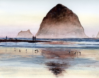 Cannon Beach Painting Large Watercolor Fine Art Print Oregon Coast Poster Haystack Rock Print Dog Beach