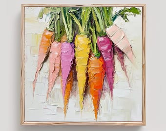 Arte de zanahorias arcoíris: zanahorias, verduras coloridas y brillantes, impresión a partir de una pintura al óleo original de impasto