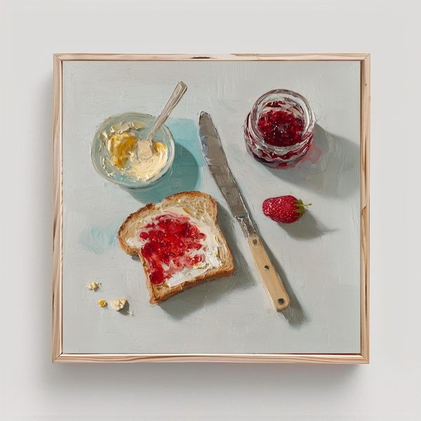 Toast with Strawberry Jam Print: Impasto Oil Painting Style