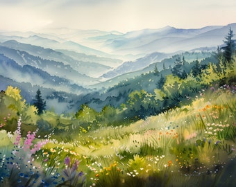 Smoky Mountains Painting Flowers Meadow Art Print Appalachian Mountains Landscape Wall Art Mountain Forest Painting Print Watercolor