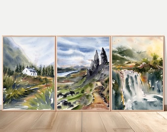 Isle of Skye & Glencoe Scotland Art Print Set 3: Moody Scottish Landscape Watercolor Painting