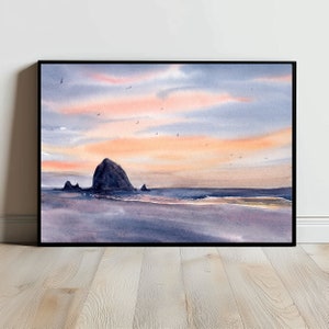 Puede incluir: Una pintura de acuarela de una isla rocosa en el oc&eacute;ano al atardecer. El cielo es una mezcla de rosa, naranja y azul, y hay p&aacute;jaros volando por encima. El agua es de un azul profundo y la arena es de un marr&oacute;n claro.