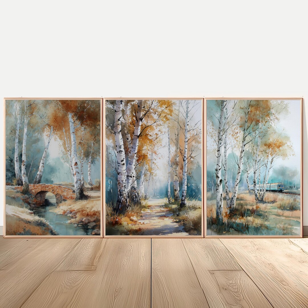 Autumn Forest Watercolor Print Set 3 Birch Grove Landscape Art - Etsy