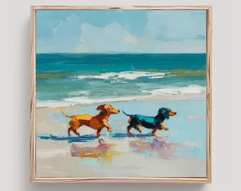 Dachshund Painting Two Dogs on Beach Print From an Original Impasto Oil Painting