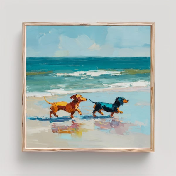 Dachshund Painting Two Dogs on Beach Print From an Original Impasto Oil Painting