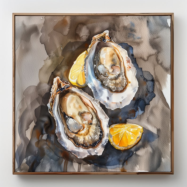 Oyster Painting Oysters With Lemon Art Oysters Shell Watercolor Seafood Poster image 4