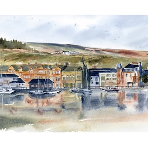 Scotland Painting Town Lake Fine Art Print Scottish Landscape Loch Cottage Painting Print Campbeltown Poster Watercolor