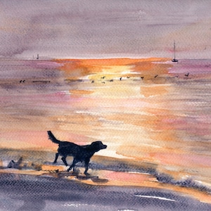 Running Dog on Beach Painting Labrador Art Large Print Sunset Ocean Wall Art Neutral Watercolor Painting Print