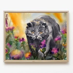 Fold Cat Painting Scottish Cat Art Large Print Scotland Fine Art Scottish Thistle Watercolor Scottish Wall Art Cat Moody Vintage Painting