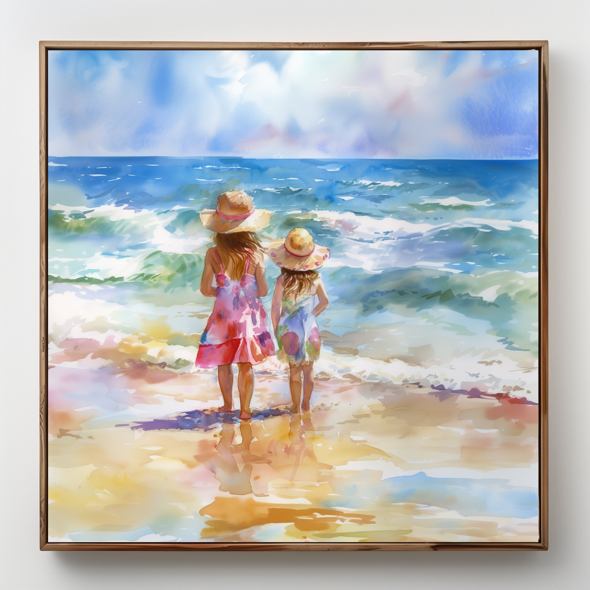 Two Sisters on Beach Art Beach Girls Painting Print Coast Ocean