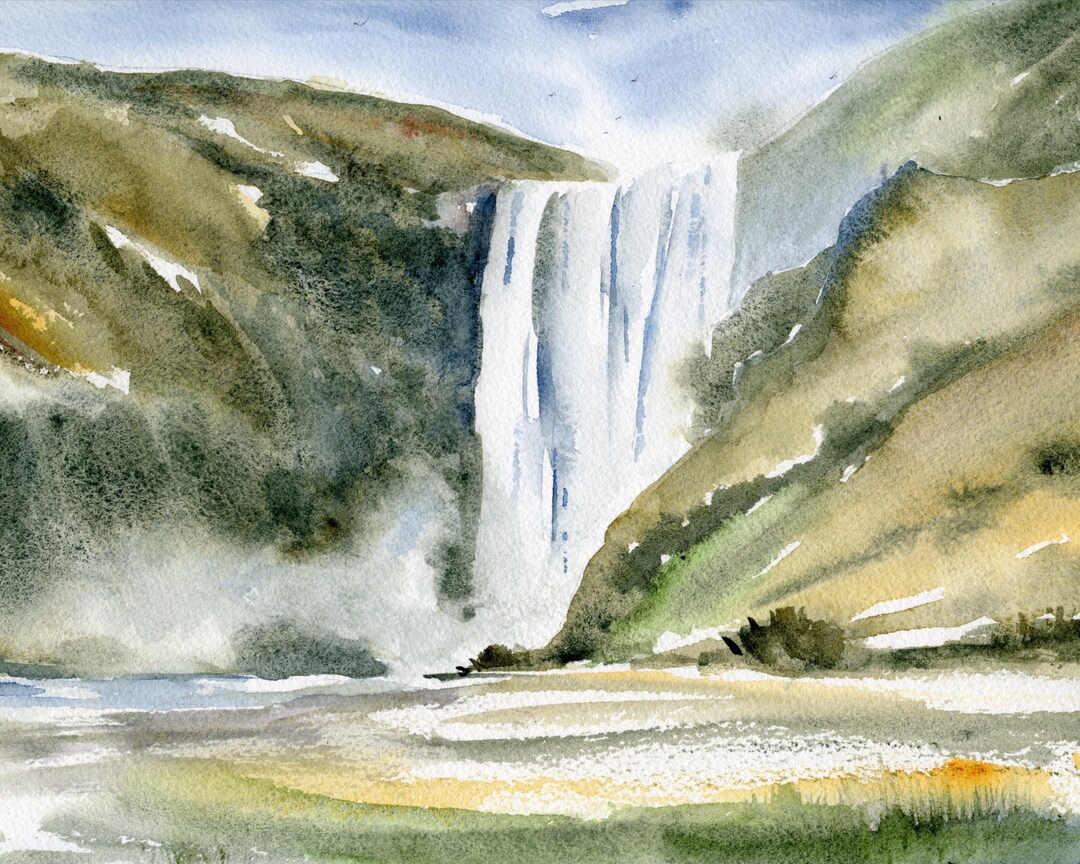 Skogafoss Iceland Art Print: Watercolor Waterfall Painting