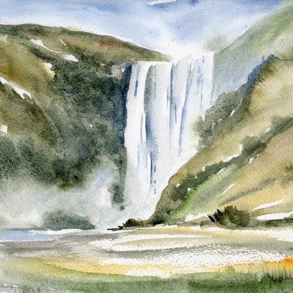 Peinture islandaise Art de Skogafoss en gros caractères Art mural cascade islandaise, Islande, affiche de voyage