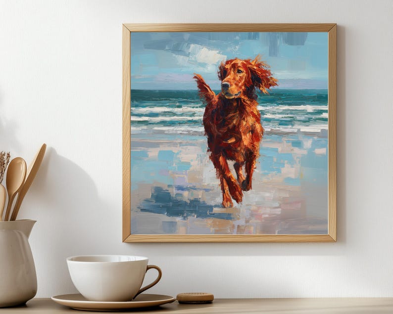 May include: A framed painting depicts a golden-red dog running on a beach. The artwork uses broad brushstrokes to create a textured effect, with a blue and white ocean and sky in the background. The dog's fur appears windswept.