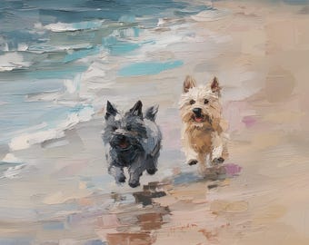 May include: An oil painting featuring two small dogs running along a sandy beach near the ocean. One dog is dark gray and the other is cream-colored. The artwork uses thick, visible brushstrokes to depict the wet sand, blue waves, and dogs.