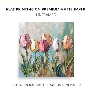 May include: A painting of a bouquet of colorful tulips in shades of pink, yellow, white, and peach. The tulips are painted in a textured style, giving the impression of thick brushstrokes. The background is a soft, abstract blend of blue, green, and white.