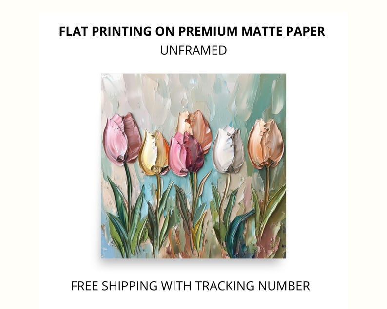 May include: A painting of a bouquet of colorful tulips in shades of pink, yellow, white, and peach. The tulips are painted in a textured style, giving the impression of thick brushstrokes. The background is a soft, abstract blend of blue, green, and white.