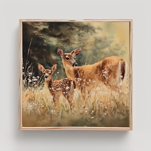 May include: A framed watercolor painting of two deer in a field. The larger deer is a light brown color, and the smaller deer has brown spots. The background features tall grass and white flowers, with a dark, cloudy sky.