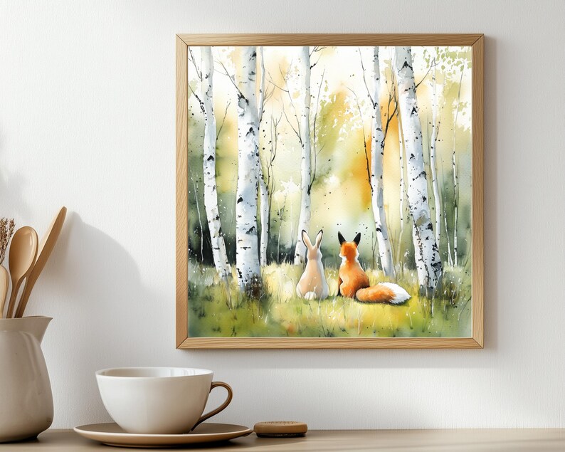 Fox and Bunny Watercolor Art Summer Birch Forest Painting Print - Etsy